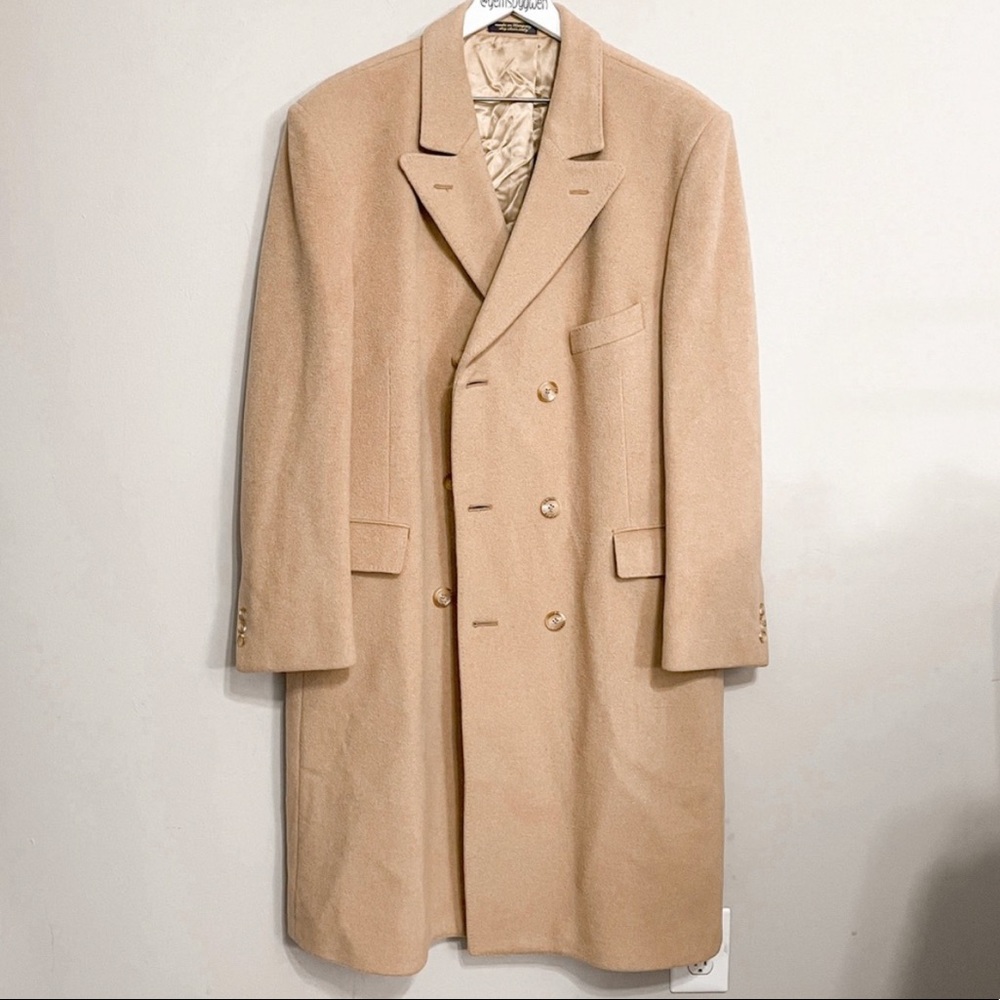Camel Long Wool/Cashmere Blend Pea Coat | Large